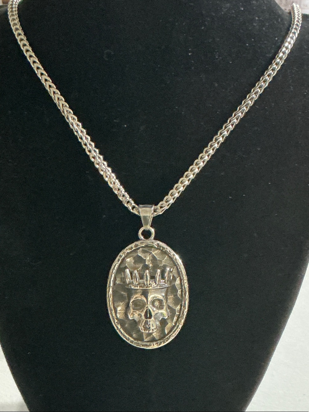 24” Stainless Steel Crowned Skull Pendant with Franco Chain